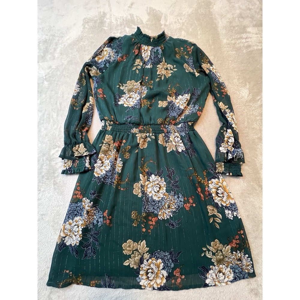 Charming Charlie Womens Dress M Green Floral Ruffle Long Sleeve Peasant